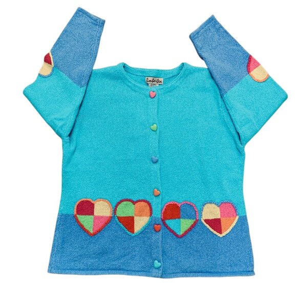 VTG Timberlea Women's XL Teal Cardigan Knitted Hearts Button Hearts Cottagecore - Picture 3 of 10